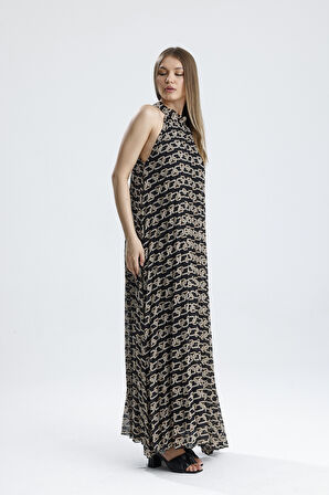 Astarlı Piliseli Uzun Abiye Desenli  Şifon Elbise | ELB35127SF Zincir Desenli