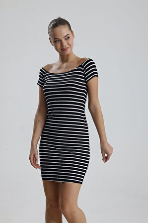 Çizgili Viskon Elastan Mini Elbise | ELB35857 Siyah İnce Çizgili