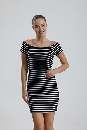 Çizgili Viskon Elastan Mini Elbise | ELB35857 Siyah İnce Çizgili