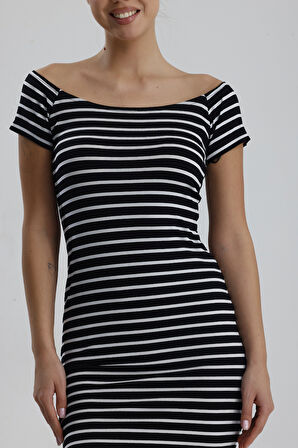 Çizgili Viskon Elastan Mini Elbise | ELB35857 Siyah İnce Çizgili