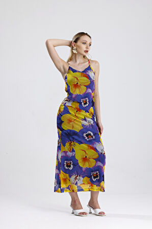 Çiçek Desenli Halter Yaka Astarlı Uzun Elbise | ELB35751 Sarı Mor Menekşe Desen