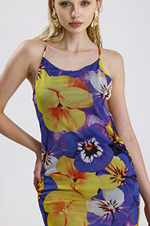 Çiçek Desenli Halter Yaka Astarlı Uzun Elbise | ELB35751 Sarı Mor Menekşe Desen