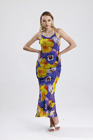 Çiçek Desenli Halter Yaka Astarlı Uzun Elbise | ELB35751 Sarı Mor Menekşe Desen