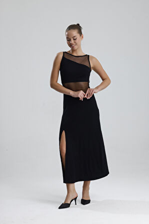 Transparan Detaylı Uzun Elbise | ELB35747 Siyah