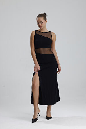 Transparan Detaylı Uzun Elbise | ELB35747 Siyah