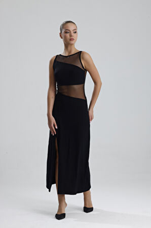 Transparan Detaylı Uzun Elbise | ELB35747 Siyah