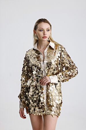 Saten Garnili Pul Detaylı Payet Abiye  Gömlek | GML36395 Gold