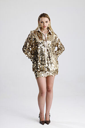 Saten Garnili Pul Detaylı Payet Abiye  Gömlek | GML36395 Gold