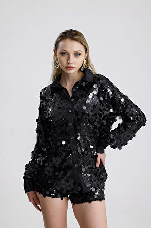 Saten Garnili Pul Detaylı Payet Abiye  Gömlek | GML36395 Siyah