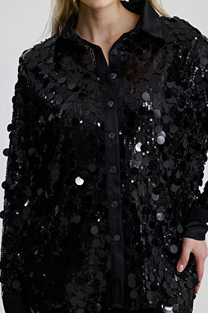 Saten Garnili Pul Detaylı Payet Abiye  Gömlek | GML36395 Siyah