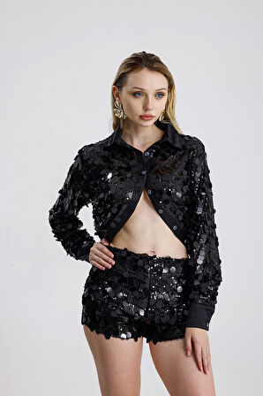 Astarlı Pul Detaylı Abiye  Payet Şort | ŞRT36396 Siyah