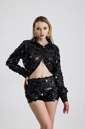 Astarlı Pul Detaylı Abiye  Payet Şort | ŞRT36396 Siyah