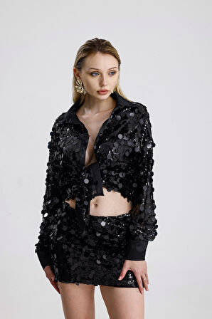 Astarlı Pul Detaylı Abiye  Payet  Mini Etek | ETK36397 Siyah