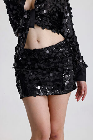 Astarlı Pul Detaylı Abiye  Payet  Mini Etek | ETK36397 Siyah