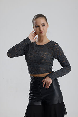 Dantel Uzun Kollu Crop Bluz | BUST36259 Grı
