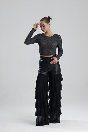 Dantel Uzun Kollu Crop Bluz | BUST36259 Grı