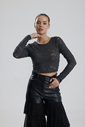 Dantel Uzun Kollu Crop Bluz | BUST36259 Grı