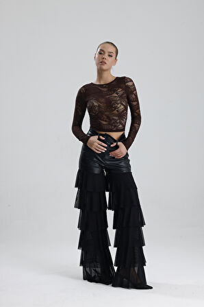 Dantel Uzun Kollu Crop Bluz | BUST36259 Kahve