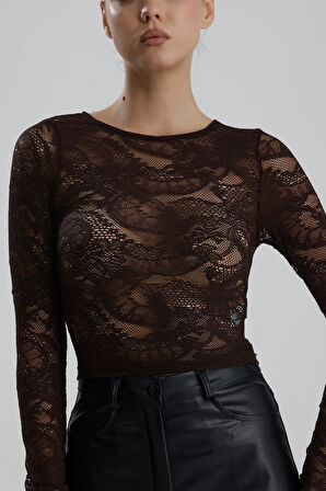 Dantel Uzun Kollu Crop Bluz | BUST36259 Kahve