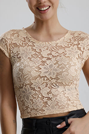 Dantel Uzun Kollu Crop Bluz | BUST36259 Somon