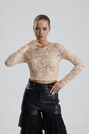 Dantel Uzun Kollu Crop Bluz | BUST36259 Somon