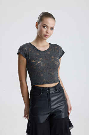 Dantel Transparan Kısa Kollu Bluz | BUST35379 Grı