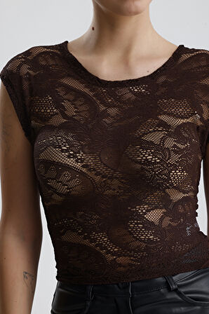 Dantel Transparan Kısa Kollu Bluz | BUST35379 Kahve