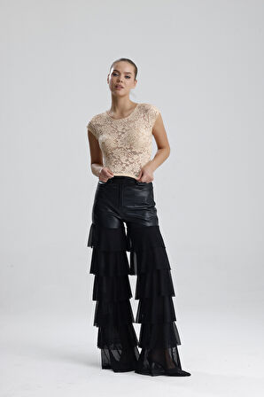 Dantel Transparan Kısa Kollu Bluz | BUST35379 Somon