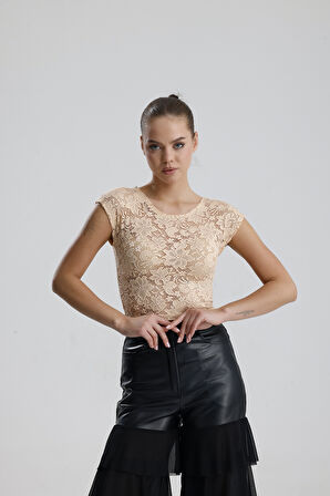 Dantel Transparan Kısa Kollu Bluz | BUST35379 Somon