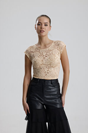 Dantel Transparan Kısa Kollu Bluz | BUST35379 Somon