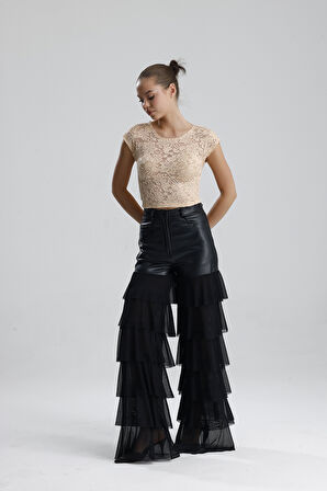 Dantel Transparan Kısa Kollu Bluz | BUST35379 Somon