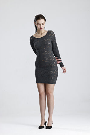 Dantel Mini Elbise - Uzun Kollu, Şık Gece ve Parti Elbisesi | ELB36380 Grı