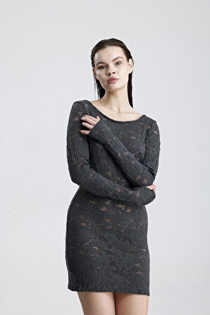 Dantel Mini Elbise - Uzun Kollu, Şık Gece ve Parti Elbisesi | ELB36380 Grı