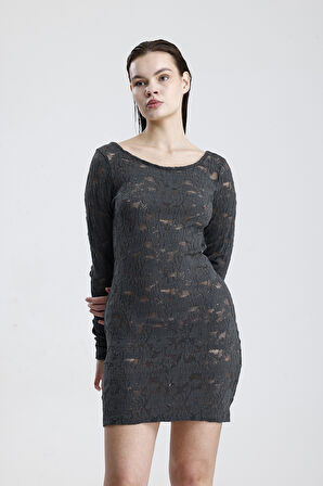 Dantel Mini Elbise - Uzun Kollu, Şık Gece ve Parti Elbisesi | ELB36380 Grı