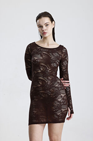 Dantel Mini Elbise - Uzun Kollu, Şık Gece ve Parti Elbisesi | ELB36380 Kahve