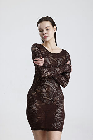 Dantel Mini Elbise - Uzun Kollu, Şık Gece ve Parti Elbisesi | ELB36380 Kahve