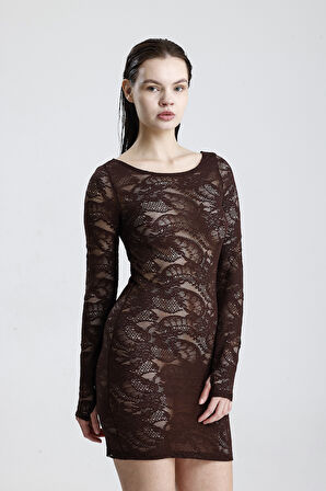 Dantel Mini Elbise - Uzun Kollu, Şık Gece ve Parti Elbisesi | ELB36380 Kahve