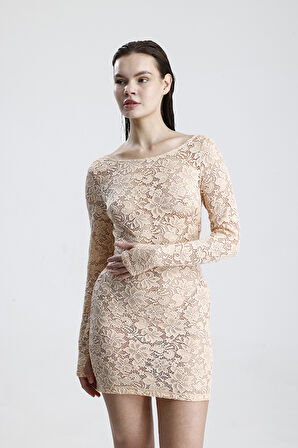 Dantel Mini Elbise - Uzun Kollu, Şık Gece ve Parti Elbisesi | ELB36380 Somon