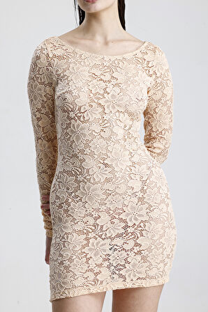 Dantel Mini Elbise - Uzun Kollu, Şık Gece ve Parti Elbisesi | ELB36380 Somon