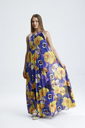 Astarlı Çiçek Desenli, Rahat Kesim, Şık Yazlık Uzun Elbise | ELB36404 Sarı Mor Çiçekli