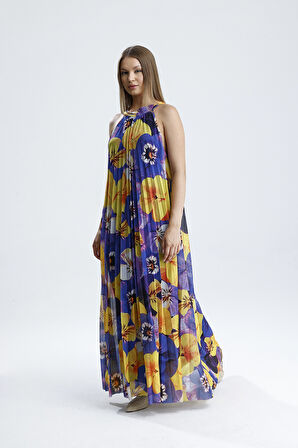 Astarlı Çiçek Desenli, Rahat Kesim, Şık Yazlık Uzun Elbise | ELB36404 Sarı Mor Çiçekli