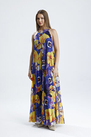 Astarlı Çiçek Desenli, Rahat Kesim, Şık Yazlık Uzun Elbise | ELB36404 Sarı Mor Çiçekli