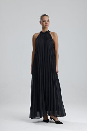 Astarlı Piliseli Uzun Abiye Desenli  Şifon Elbise | ELB35127SF Antrasit