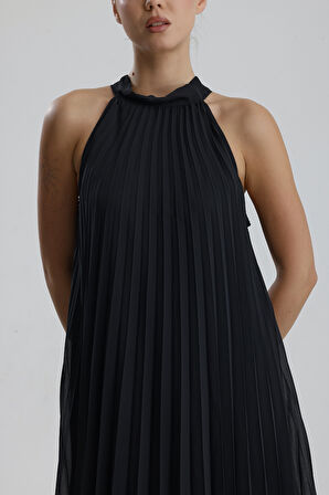 Astarlı Piliseli Uzun Abiye Desenli  Şifon Elbise | ELB35127SF Antrasit