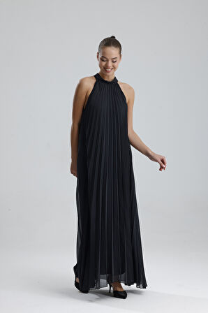 Astarlı Piliseli Uzun Abiye Desenli  Şifon Elbise | ELB35127SF Antrasit