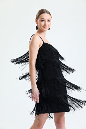 İp Sacaklı Abiye Scuba Krep Mini Elbise | ELB34822 Siyah