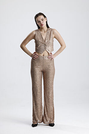 Beli Lastikli  Payet Abiye Pantolon | Pnt35233 Sütlü Kahve