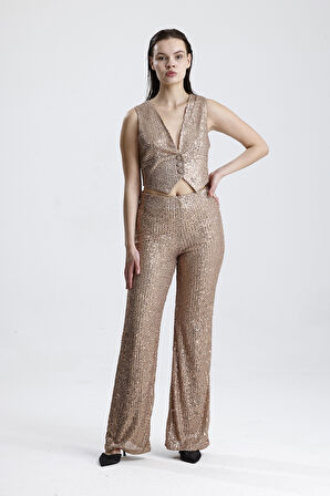 Beli Lastikli  Payet Abiye Pantolon | Pnt35233 Sütlü Kahve