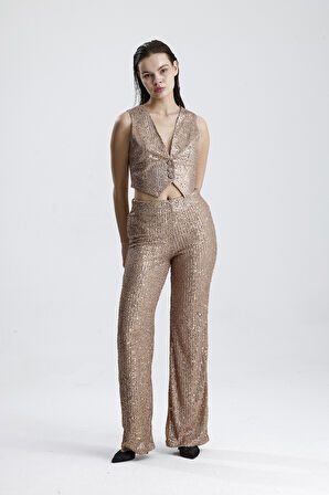 Astarlı Pulpayet Abiye Yelek | YLK36418 Sütlü Kahve