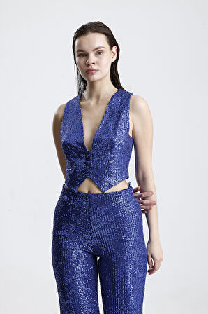 Astarlı Pulpayet Abiye Yelek | YLK36418 Saks